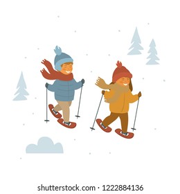 cute children boy and girl snowshoeing in winter forest isolated vector illustration cartoon graphic