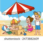 cute children build a sand castle. Kids play on the beach near the sea. Vector illustration in children