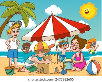 lindos niños construyen un castillo de arena. Niños jugando en la playa cerca del mar. Ilustración vectorial en estilo infantil.