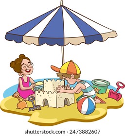 cute children build a sand castle. Kids play on the beach near the sea. Vector illustration in children's style.