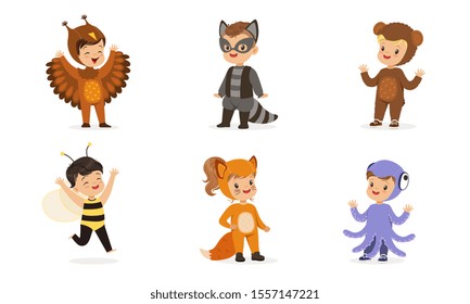 Cute children in carnival costumes of animals. Vector illustration.