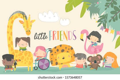 Cute children with cartoon animal. Happy friends