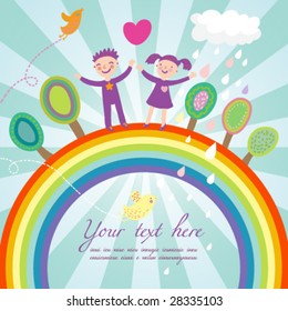 Cute children cartoon illustration - happy kids on rainbow