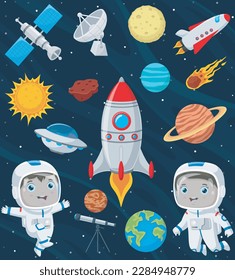 Cute children cartoon in the outer space