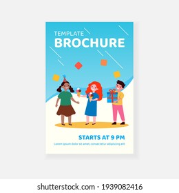 Cute children celebrating birthday together. Ice cream, gift, friend flat vector illustration. Holiday and celebration concept for banner, website design or landing web page