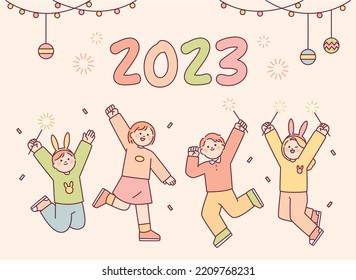 Cute children are celebrating the new year with sparklers in their hands. flat design style vector illustration.