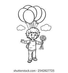 Cute children character with balloons line art for kids coloring page. Vector illustration