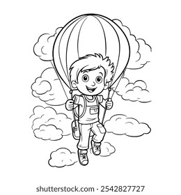 Cute children character with balloons line art for kids coloring page. Vector illustration