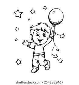 Cute children character with balloons line art for kids colouring page. Vector illustration