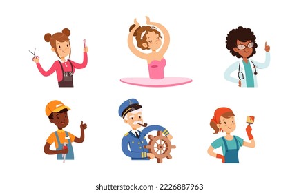 Cute Children Character Engaged in Different Profession and Occupation Vector Set