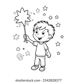 Personaje lindo de los niños con el arte de la línea de los fuegos artificiales para las páginas para colorear de los niños. Ilustración vectorial