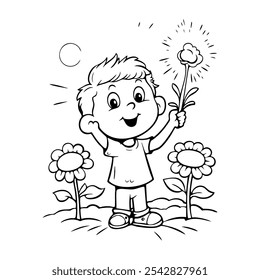 Personagem infantil bonito com arte da linha da flor para crianças colorir página. Ilustração vetorial