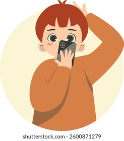 Cute Children Character Holding Smartphone. Gadget Addiction. Cartoon Vector Illustration.