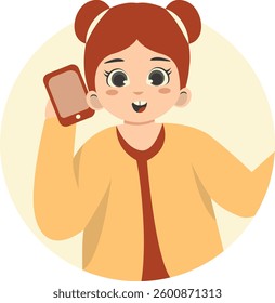Cute Children Character Holding Smartphone. Gadget Addiction. Cartoon Vector Illustration.