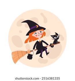 Lindo personaje infantil. Pequeña bruja volando en una escoba con un gato. El caldero está colgado de una escoba. Ilustración vectorial de cuento de hadas de Halloween