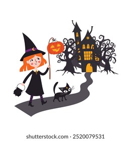 Cute children character. Little witch is going to a haunted house with a pumpkin lantern and a cat. Halloween fairy tale vector illustration