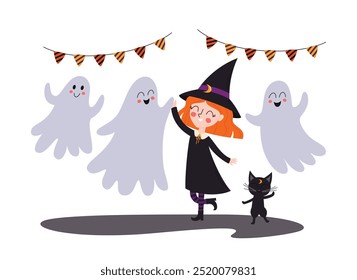 Cute children character. Little witch dancing with ghosts and cat. Halloween fairy tale party vector illustration