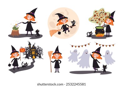 Cute children character. A little witch doing various witchy things with her cat. Halloween fairy tale vector illustrations set