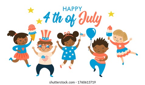 Cute children characters celebrating 4th of July, USA Independence day. Childish print for card, stickers and party invitations. Vector illustration