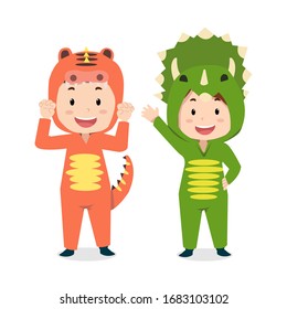 Cute children characters with dinosaurs costume