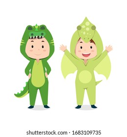 Cute children characters with dinosaurs costume. Animal