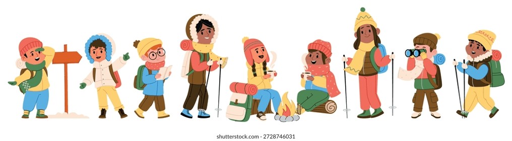Personajes lindos de los niños vestidos con chaquetas hinchadas, gorros calientes y botas resistentes disfrutando del conjunto de senderismo de invierno. Pequeños excursionistas que experimentan la aventura al aire libre y la Ilustración vectorial turística de temporada