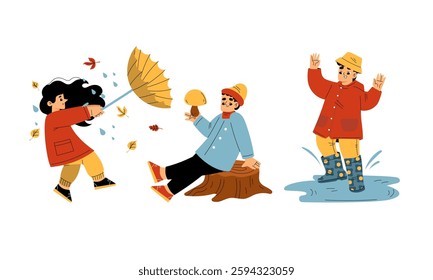 Cute Children Characters Enjoy Autumn Season Vector Set
