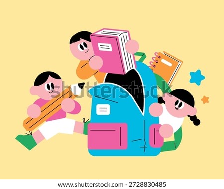 Cute children characters with a giant backpack, books, and a pencil. Back to school, education, and learning concept illustration in a flat cartoon style.