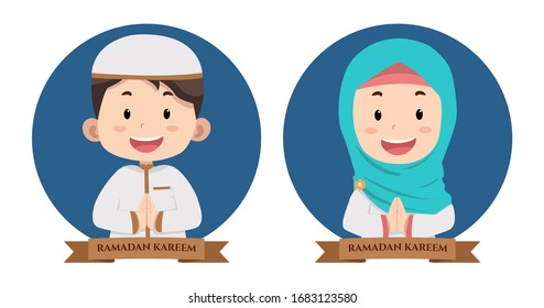 Cute children characters icon template for ramadhan kareem