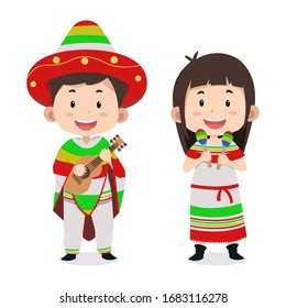 Cute children characters with mexican traditional clothing. costume. 