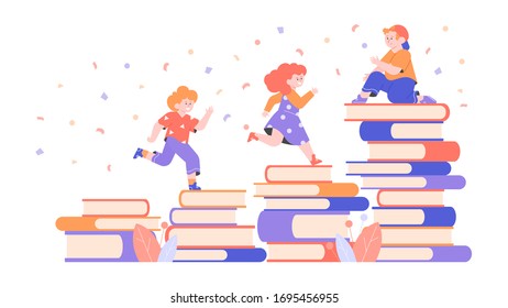 Personajes infantiles y montones de libros. Los amigos aprenden a leer juntos.  Niños y niñas en edad preescolar. Ilustración plana vectorial.