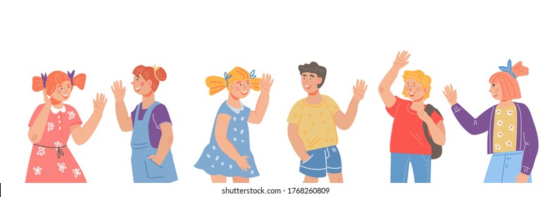 Cute children characters waving hands in greeting gesture. Children happy to see elementary school classmates or  kindergarten friends. Kids saying Hi, flat vector illustration isolated.