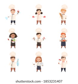 Cute Children Chefs Cooking in Kitchen Set, Kids in Uniform and Hats with Cooking Tools and Freshly Prepared Dishes Cartoon Style Vector Illustration