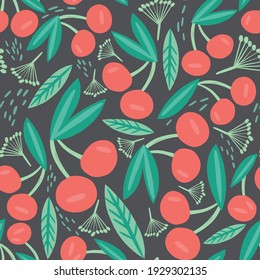 Cute Children Cherry Yummy vector Pattern.Sweet childish seamless pattern with cherry and leaves. Seamless pattern can be used for wallpapers, pattern fills, web backgrounds.