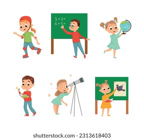 Cute Children in Class Studying and Learning School Subject Vector Set