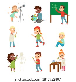 Cute Children in Class Studying School Subjects Vector Set