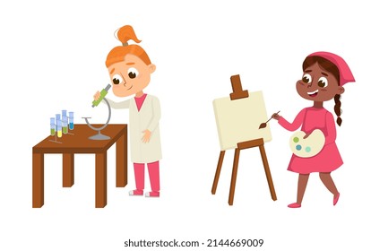 Cute Children in Class Studying School Subject Looking in Microscope and Drawing with Easel Vector Set