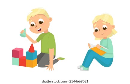 Cute Children in Class Studying School Subject Reading Book and Building Block Tower Vector Set