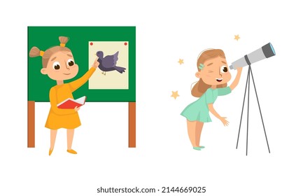 Cute Children in Class Studying School Subject Learning Astronomy and Biology Vector Set