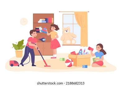 Cute children cleaning playroom together. Little kids making room tidy, girls sorting or arranging toys, boy with vacuum cleaner flat vector illustration. Childhood, household concept for banner