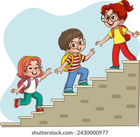 Cute children climb the stairs of success by working as a teamwork partnership