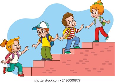 Cute children climb the stairs of success by working as a teamwork partnership