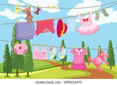 Cute children clothes hanging on a line in the outdoor scene illustration