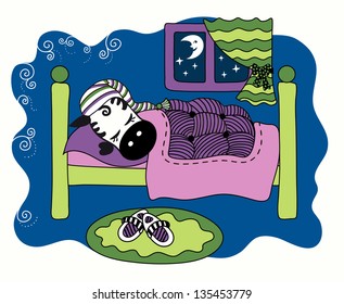 Cute children colored picture. Cartoon. Small zebra sleeping on the bed, covered with a blanket. Month looks at her from the window. Under the bed mat and slippers.
