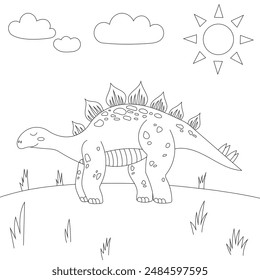 Cute children coloring page dinosaur. Stegosaurus with smile, illustration for kids, wildlife prehistoric animal. Coloring book. Vector design isolated on white background.