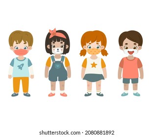 Cute children in comic face mask. Adorable kids in fun reusable medical respirator.
