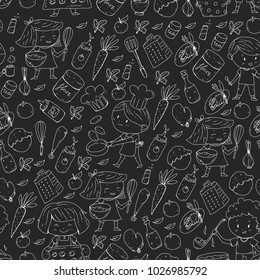 Cute children cooking food. Kindergarten and school kids. Kids drawing. Cooking class. Children cafe and restaurant. Eat and play. Healthy drinks. Fruits, vegetables, bakery. Seamless pattern