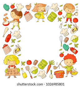 Cute children cooking food. Kindergarten and school kids. Kids drawing. Cooking class. Children cafe and restaurant. Eat and play. Healthy drinks. Fruits, vegetables, bakery