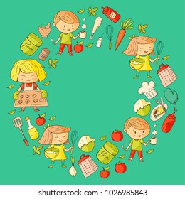 Cute children cooking food. Kindergarten and school kids. Kids drawing. Cooking class. Children cafe and restaurant. Eat and play. Healthy drinks. Fruits, vegetables, bakery