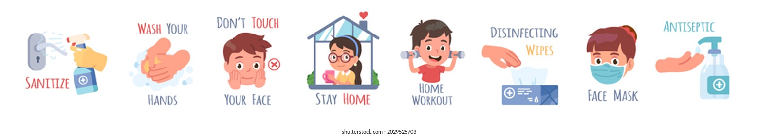 Cute children corona virus prevention measures set. Kids, sanitizer, antiseptic, stay at home, wash hands, wear face mask, home workout, disinfecting wipes, sticker poster. Flat vector illustration